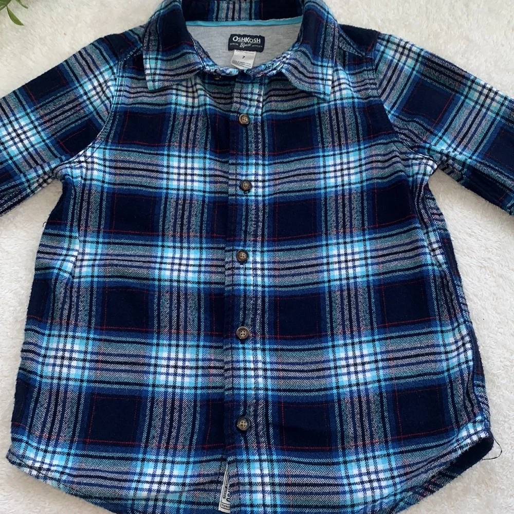 OshKosh Blue Button Down Shirt Classic Plaid 7 EUC